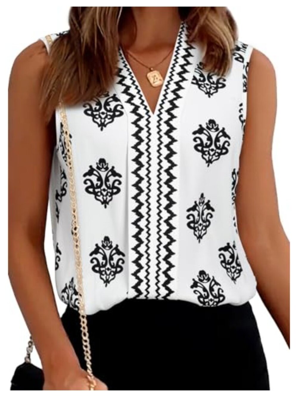 Polyester V-Neck Sleeveless Pleated Tank Top Dressy Casual